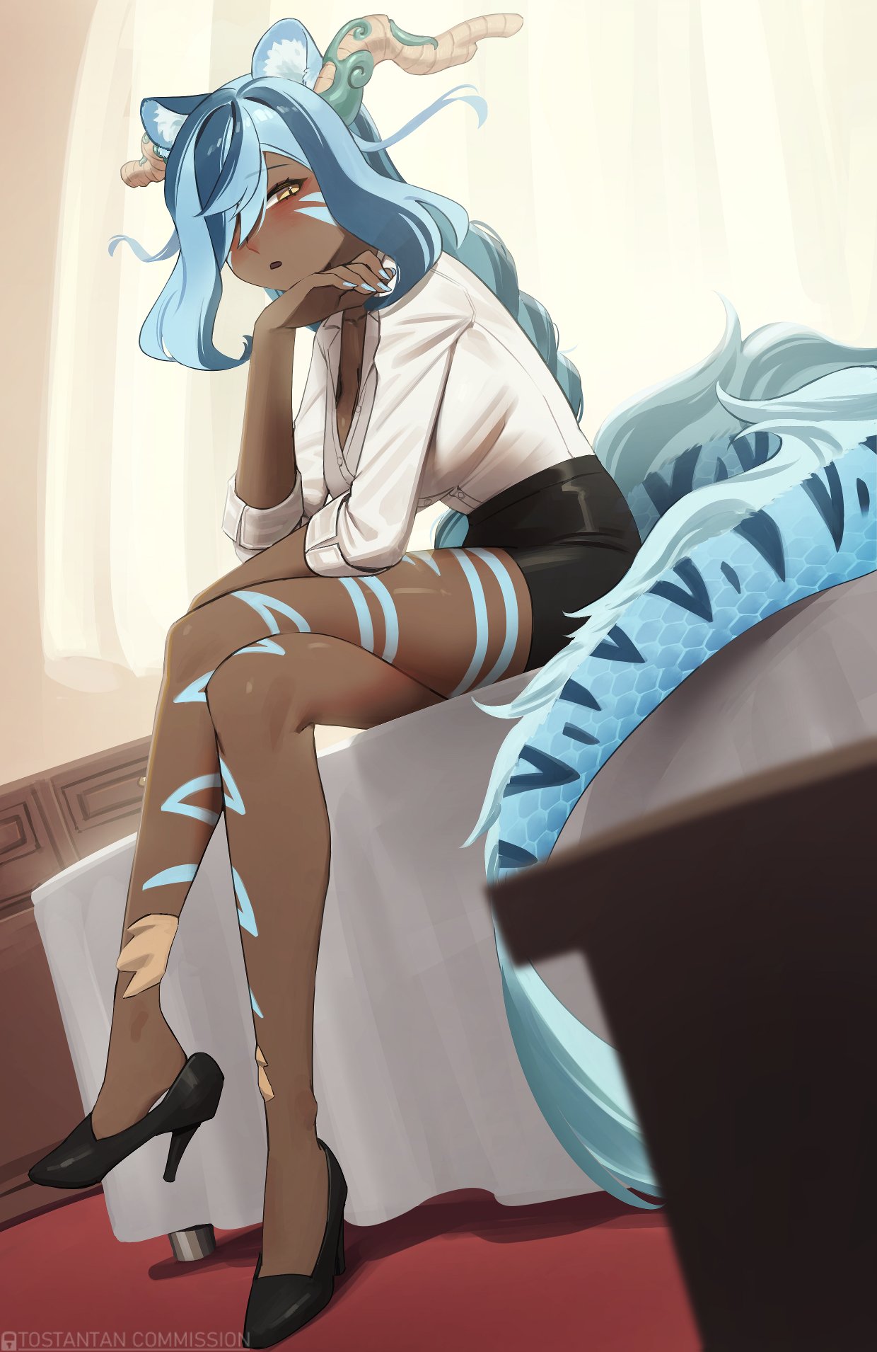 tostantan, original, commentary, commission, english commentary, highres, 1girl, animal ear fluff, animal ears, antlers, artist name, black shoes, black skirt, blue hair, blue nails, blush, braid, breasts, crossed legs, curtains, dark-skinned female, dark skin, full body, hair over one eye, high heels, horns, indoors, large breasts, long hair, long sleeves, looking at viewer, multicolored hair, nail polish, open mouth, pencil skirt, shoe dangle, shoes, sitting, skirt, slit pupils, solo, tail, two-tone hair, very long hair, white hair, yellow eyes