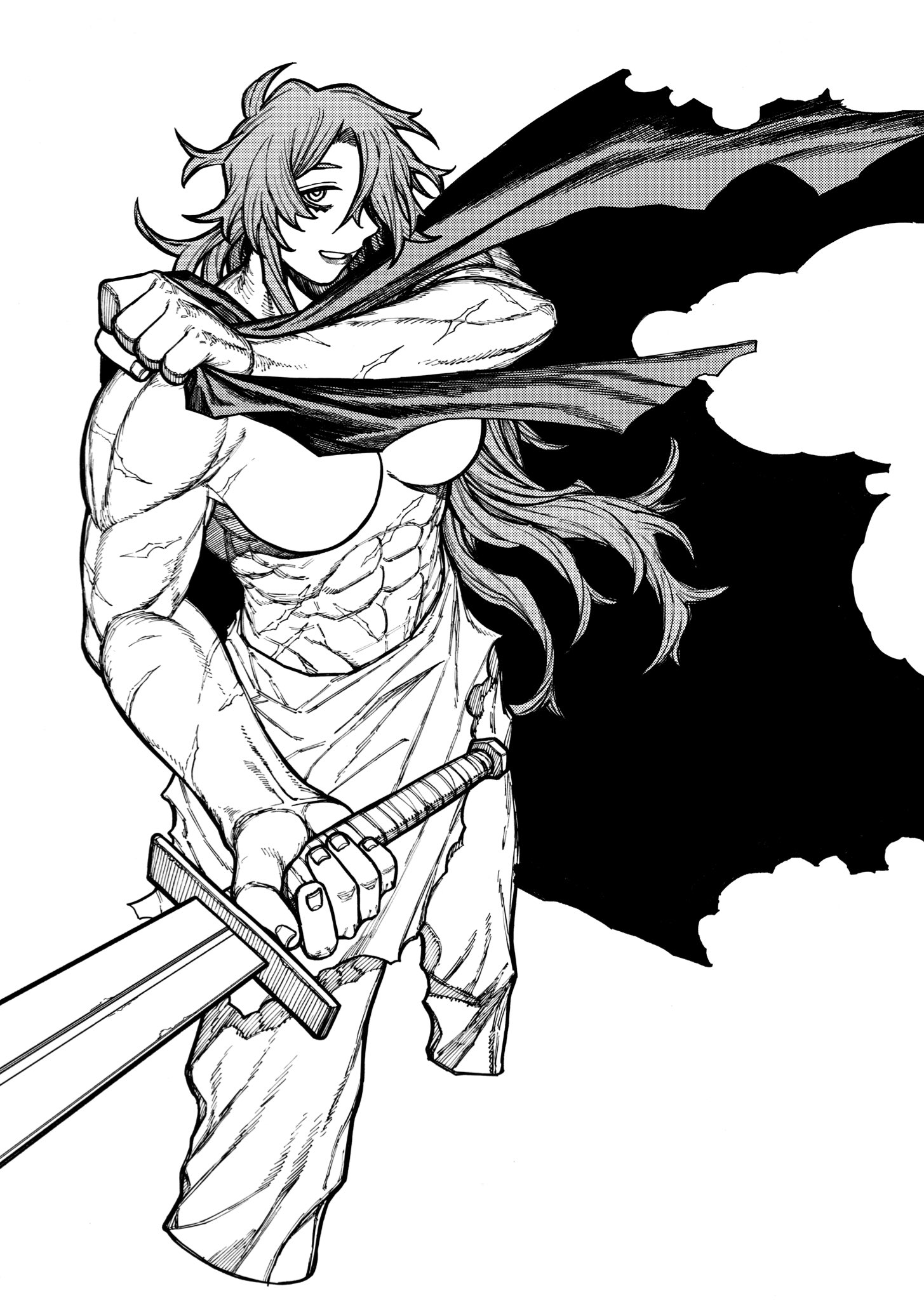 kuramori tohru, centuria (manga), highres, official art, 1girl, abs, angvall selma, breasts, cape, from side, hair over one eye, holding, holding sword, holding weapon, large breasts, long hair, looking to the side, monochrome, muscular, muscular female, scar, scar on arm, scar on stomach, smile, solo, sword, topless female, torn cape, torn clothes, underboob, weapon