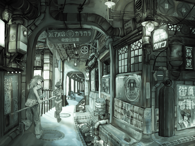 teikoku shounen, tagme, blue theme, city, lamp, monochrome