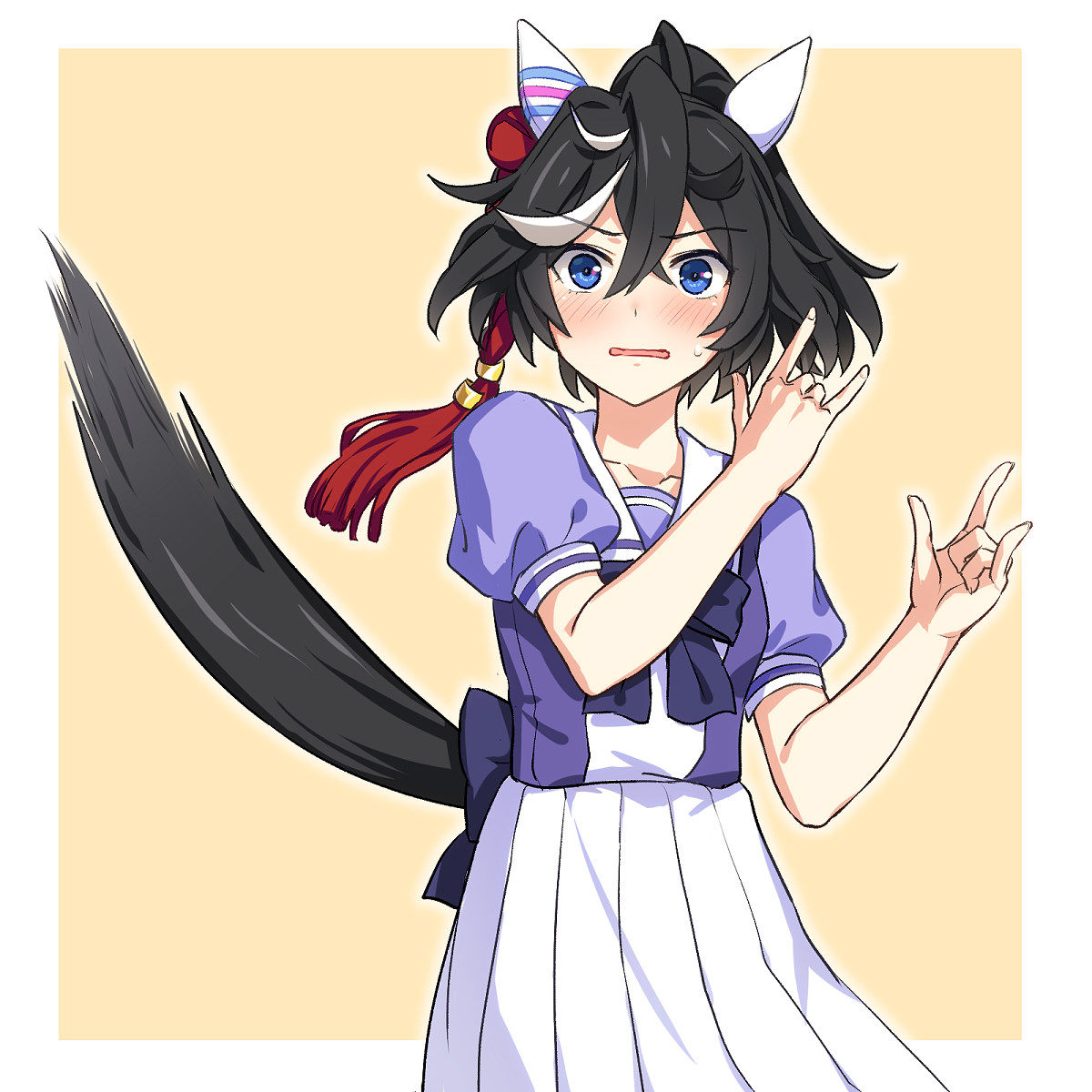 fugetsu (windmoon tw), katsuragi ace (umamusume), umamusume, highres, 1girl, m/, animal ears, black hair, blue eyes, blush, bow, bowtie, crossed bangs, double m/, ear covers, embarrassed, furrowed brow, hair between eyes, hair ornament, hands up, horse ears, horse girl, horse tail, looking at viewer, multicolored hair, open mouth, ponytail, purple shirt, sailor collar, school uniform, shirt, short hair, skirt, solo, stiff tail, streaked hair, summer uniform, surprised, sweatdrop, tail, tassel, tracen school uniform, upper body, white skirt