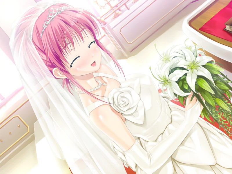 happoubi jin, orifushi akina, kanojo x kanojo x kanojo, game cg, 1girl, bare shoulders, blue eyes, blush, bridal veil, bride, closed eyes, crown, dress, elbow gloves, female focus, flower, gloves, hat, jewelry, necklace, pink hair, smile, solo, tiara, veil, wedding dress