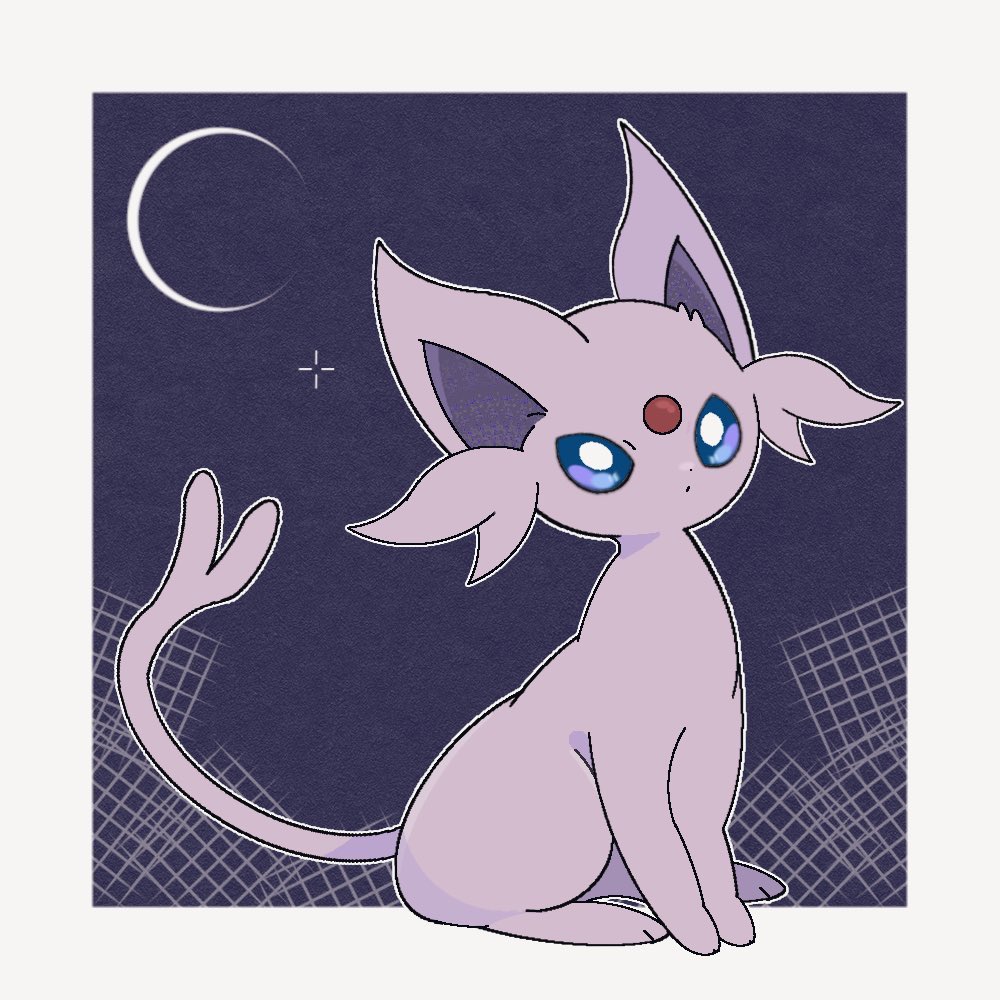 yumenomanimanix, espeon, nintendo, pokemon, check commentary, commentary request, animal focus, blue eyes, crescent, full body, gen 2 pokemon, looking at viewer, no humans, pokemon (creature), pokemon focus, sitting, solo