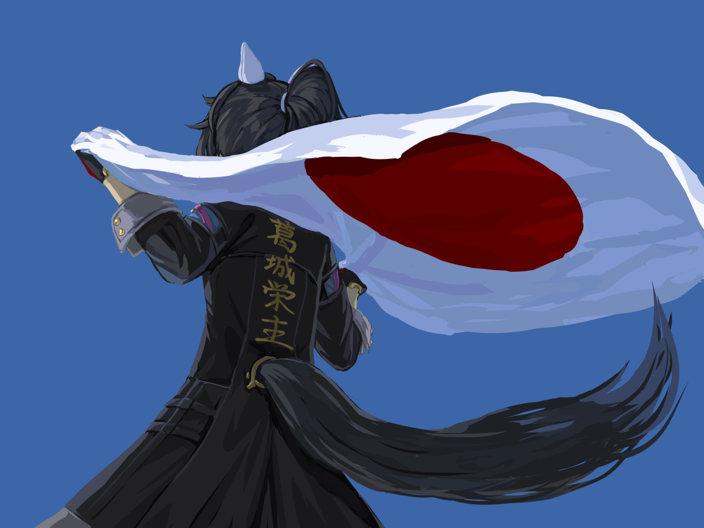 fugetsu (windmoon tw), katsuragi ace (umamusume), umamusume, 1girl, animal ears, black coat, black hair, blue background, clothing cutout, coat, flag, from behind, gloves, hands up, holding, holding flag, horse ears, horse girl, horse tail, japanese flag, long sleeves, ponytail, short hair, simple background, solo, tail, tail through clothes, upper body