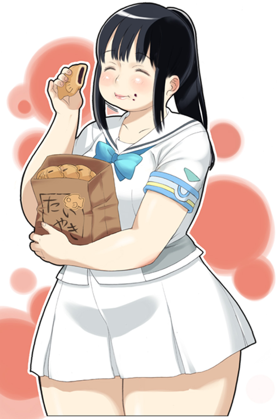 douraku, kinoshita jun'ichi, itou yukino, real drive, highres, 1girl, black hair, breasts, closed eyes, curvy, eating, female focus, food, medium breasts, plump, ponytail, school uniform, serafuku, solo, standing, taiyaki, thick thighs, thighs, wagashi