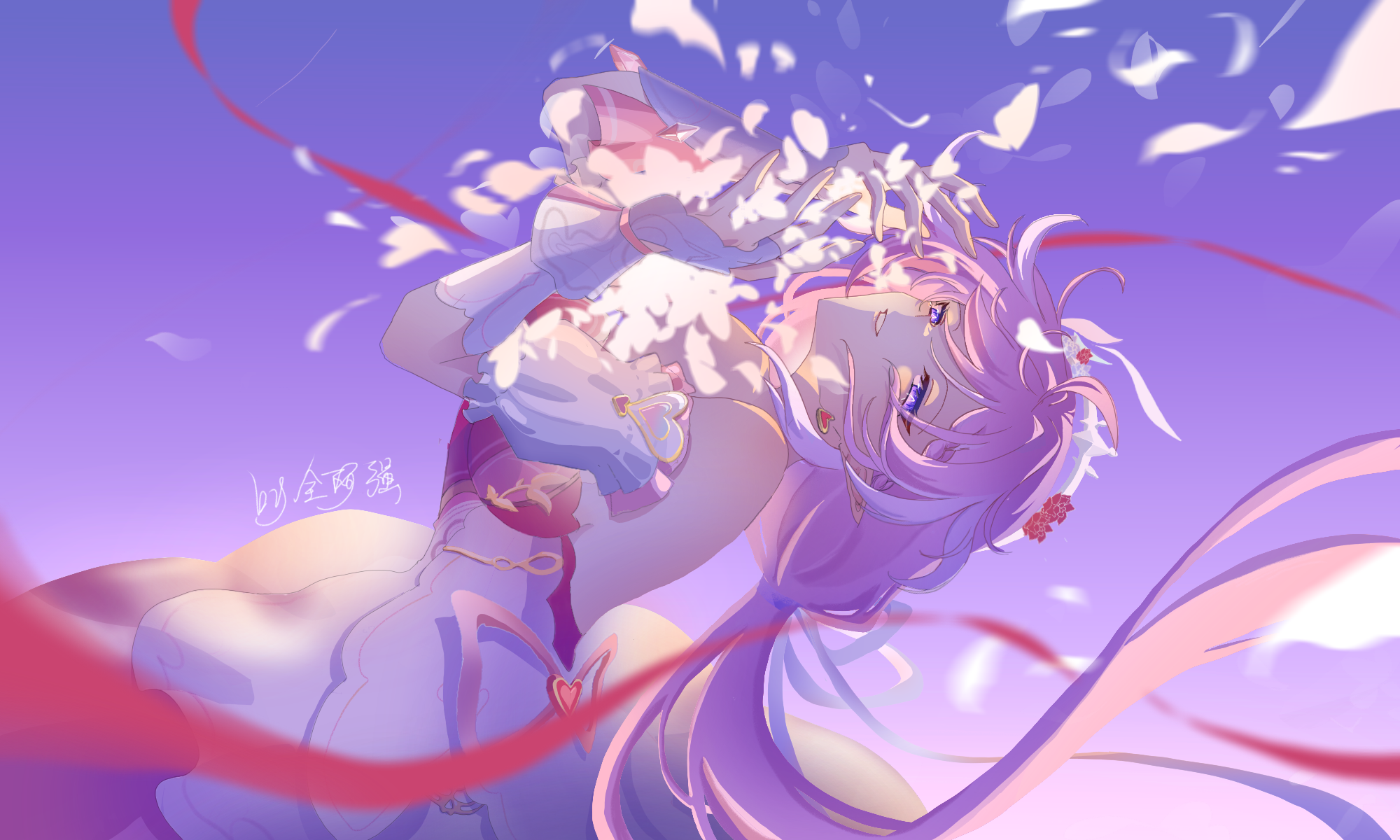elysia (hi elf of love) (honkai impact), elysia (honkai impact), honkai (series), honkai impact 3rd, chinese commentary, commentary request, highres, 1girl, bare shoulders, blue sky, breasts, diamond-shaped pupils, diamond (shape), dress, gloves, i tong can da weichang bu hu ma ye, large breasts, long hair, multicolored hair, outdoors, parted lips, pink hair, purple eyes, sky, solo, symbol-shaped pupils, two-tone hair, very long hair, white dress, white gloves, white hair