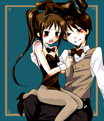 kino hazuki, kyonko, suzumiya haruhi, suzumiya haruhiko, suzumiya haruhi no yuuutsu, suzumiya haruhiko no yuuutsu, bad id, bad pixiv id, lowres, 00s, 1boy, 1girl, animal ears, fake animal ears, fishnet pantyhose, fishnets, genderswap, genderswap (ftm), genderswap (mtf), leotard, male playboy bunny, pantyhose, playboy bunny, ponytail, rabbit ears, tuxedo