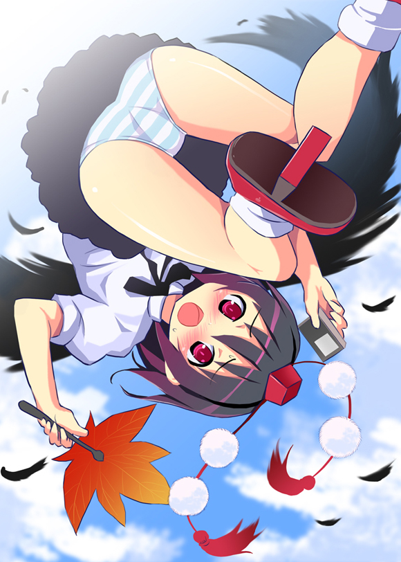kishiri toworu, miyao ryuu, shameimaru aya, touhou, bad id, 1girl, black hair, black wings, blush, feathers, female focus, flying, geta, hand fan, hat, looking at viewer, open mouth, panties, pantyshot, red eyes, short hair, solo, striped clothes, striped panties, tengu-geta, underwear, upside-down, wings