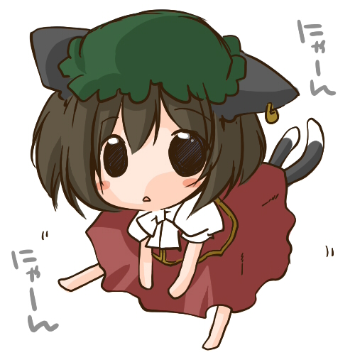 futami yayoi, chen, touhou, lowres, 1girl, animal ears, brown hair, cat ears, cat girl, cat tail, chibi, earrings, female focus, full body, hat, jewelry, multiple tails, short hair, simple background, sitting, solo, tail