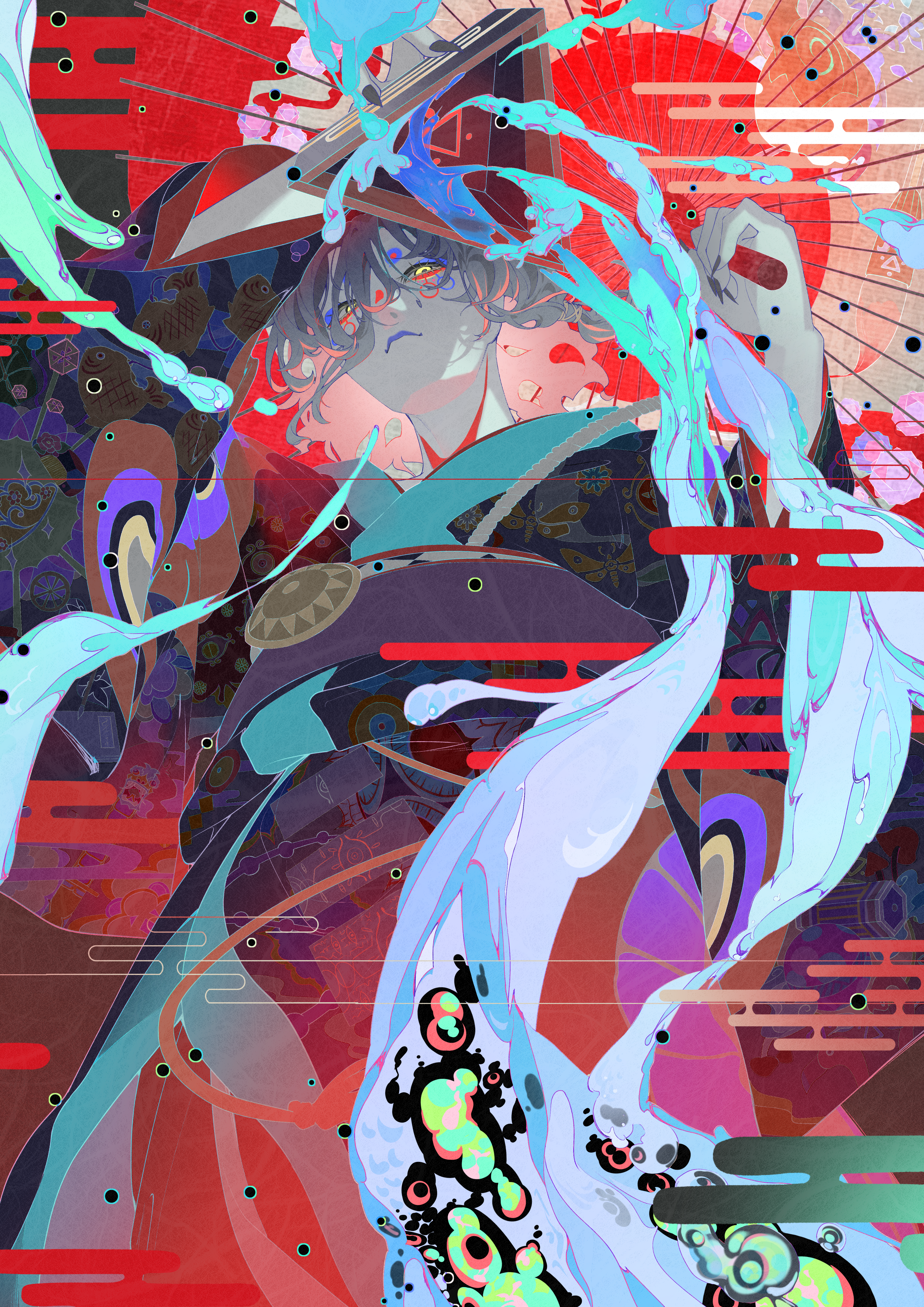 zinken00, gekijouban mononoke, mononoke, absurdres, commentary request, highres, 1boy, animal print, black kimono, blue lips, bucket, bug print, cowboy shot, egasumi, eyelashes, facial mark, fish print, floating hair, from below, grey hair, half-closed eyes, hands up, hikimayu, holding, holding bucket, japanese clothes, kimono, kusuriuri (gekijouban mononoke), lipstick, long bangs, long hair, long sleeves, looking at viewer, looking down, low-tied long hair, makeup, male focus, obi, oil-paper umbrella, pale skin, pouring, print kimono, purple sash, sash, solo, umbrella, water, yellow eyes