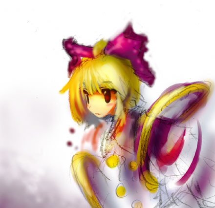 tanaka ken'ichi, kurodani yamame, touhou, lowres, 1girl, blonde hair, bow, buttons, dress, female focus, hair bow, long sleeves, looking afar, pink bow, red eyes, short hair, sidelocks, simple background, solo, upper body, white background, white dress