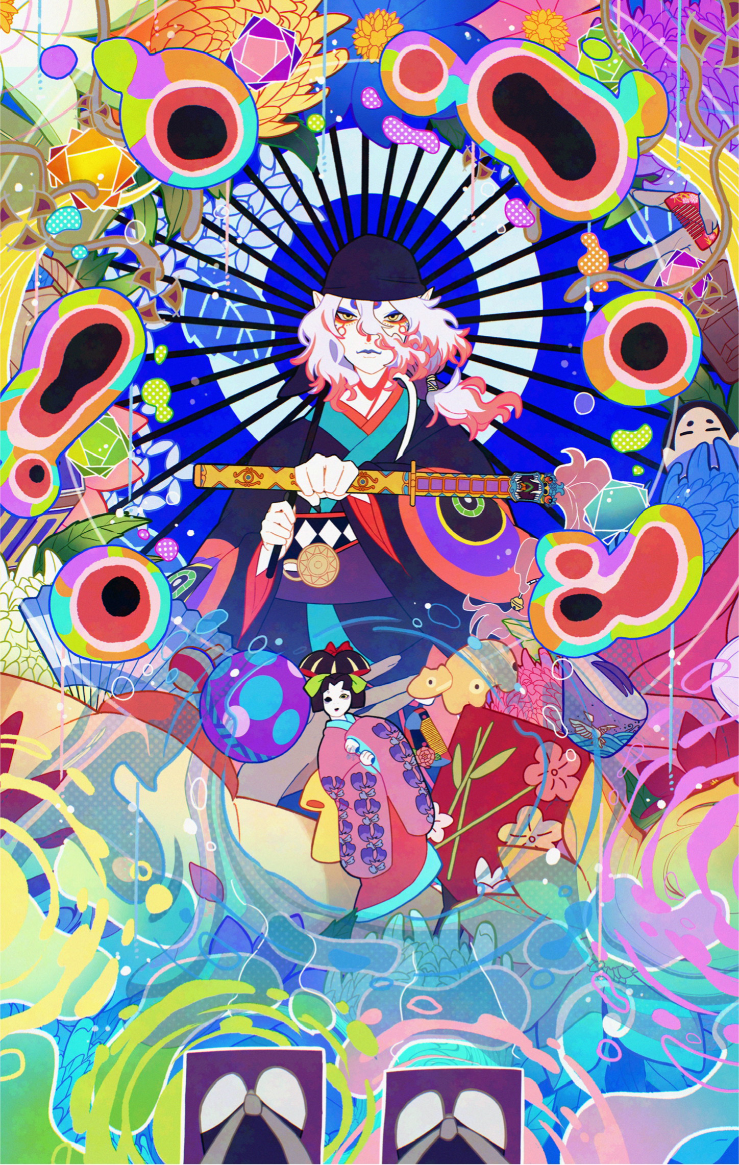 dokosa hekisa, gekijouban mononoke, mononoke, adversarial noise, commentary request, highres, 1boy, 1other, akabeko, bandana, black bandana, black kimono, blue eyeshadow, blue lips, blue umbrella, closed mouth, clutter, colored tips, colorful, comb, doll, eyeshadow, facial mark, flat color, flower, geta, hair between eyes, hand fan, hands up, hikimayu, holding, holding umbrella, holding weapon, japanese clothes, kimono, kusuriuri (gekijouban mononoke), lipstick, long bangs, long sleeves, looking at viewer, looking down, low side ponytail, makeup, male focus, medium hair, multicolored hair, oil-paper umbrella, pale skin, pink hair, pointy ears, pov, print kimono, purple sandals, rain, red eyeshadow, reflection, reflection focus, ripples, sandals, socks, solo focus, standing, standing on liquid, sword of exorcism, tabi, two-tone hair, umbrella, upper body, water, weapon, white hair, white socks, yellow eyes