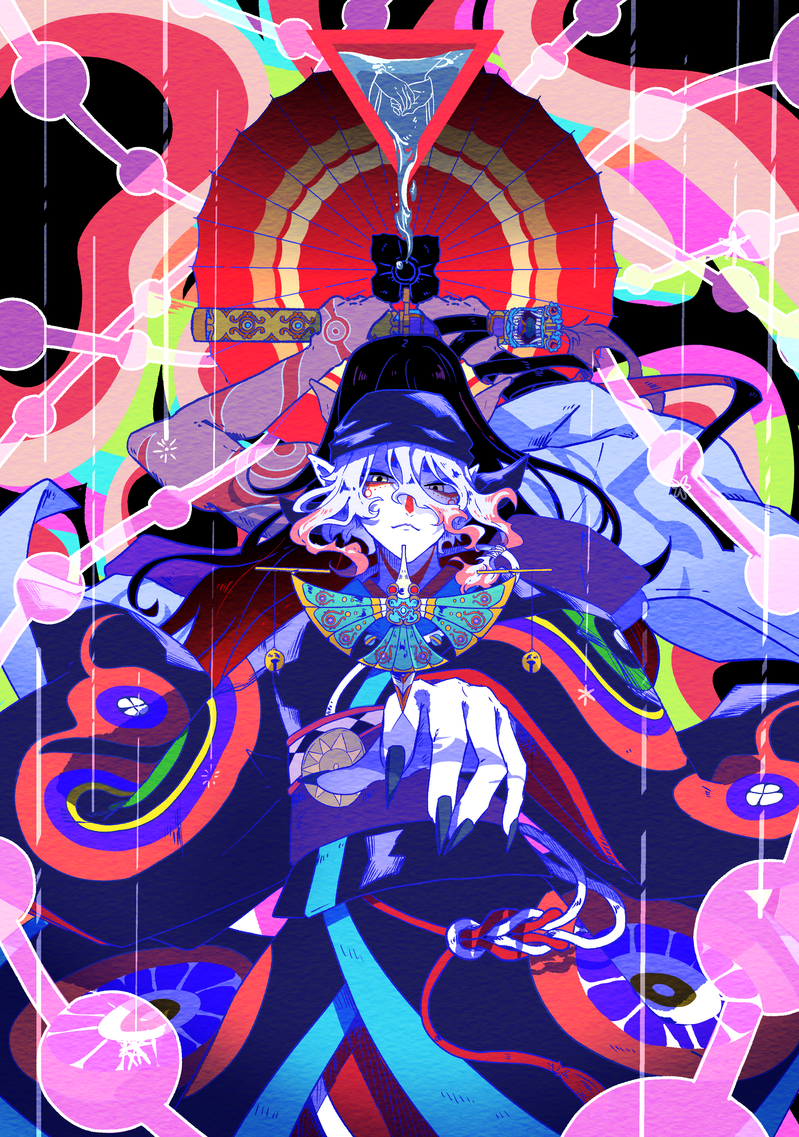 gekijouban mononoke, mononoke, absurdres, commentary request, highres, 2boys, abstract background, arm ribbon, arm tattoo, arms up, back-to-back, bandana, black hair, black nails, black ribbon, blue bandana, blue eyeshadow, blue kimono, closed mouth, colored tips, dark skin, dual persona, eyeshadow, facial mark, fingernails, floating, floating object, hair between eyes, hand tattoo, hikimayu, holding, holding hands, holding weapon, itoshun, japanese clothes, kimono, kusuriuri (gekijouban mononoke), kusuriuri (shingi) (gekijouban mononoke), long bangs, long fingernails, long hair, long sleeves, looking at viewer, low-tied medium hair, makeup, male focus, medium hair, multicolored hair, multiple boys, obi, oil-paper umbrella, outstretched arm, pale skin, pink hair, pointy ears, pouring, purple sash, red eyeshadow, red umbrella, ribbon, sash, scale (mononoke), sharp fingernails, sheath, single bare arm, sword of exorcism, tattoo, two-tone hair, umbrella, unsheathing, water, weapon, white hair, yellow eyes