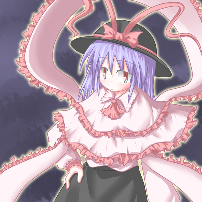 baerun, nagae iku, touhou, bad id, bad pixiv id, 1girl, blue hair, capelet, female focus, hat, red eyes, scarf, solo, standing