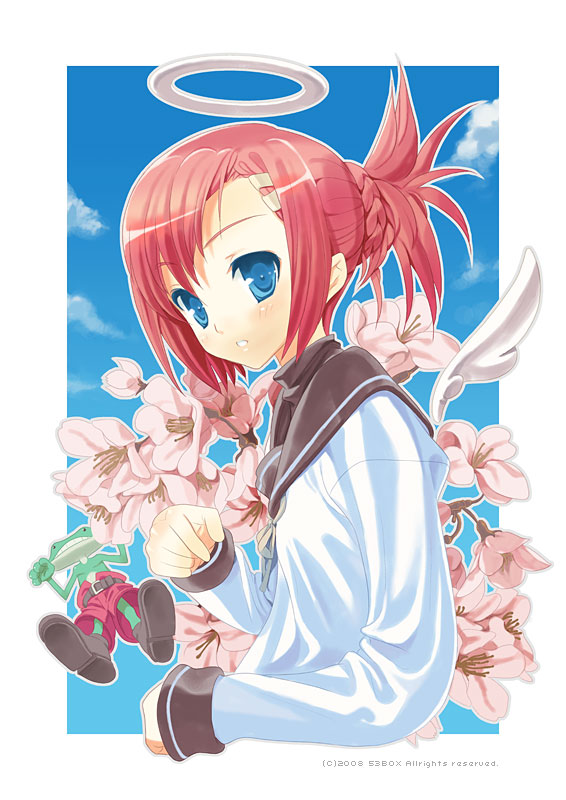 sango (53box), original, blue eyes, flower, halo, red hair, school uniform, serafuku, solo, traditional halo, wings