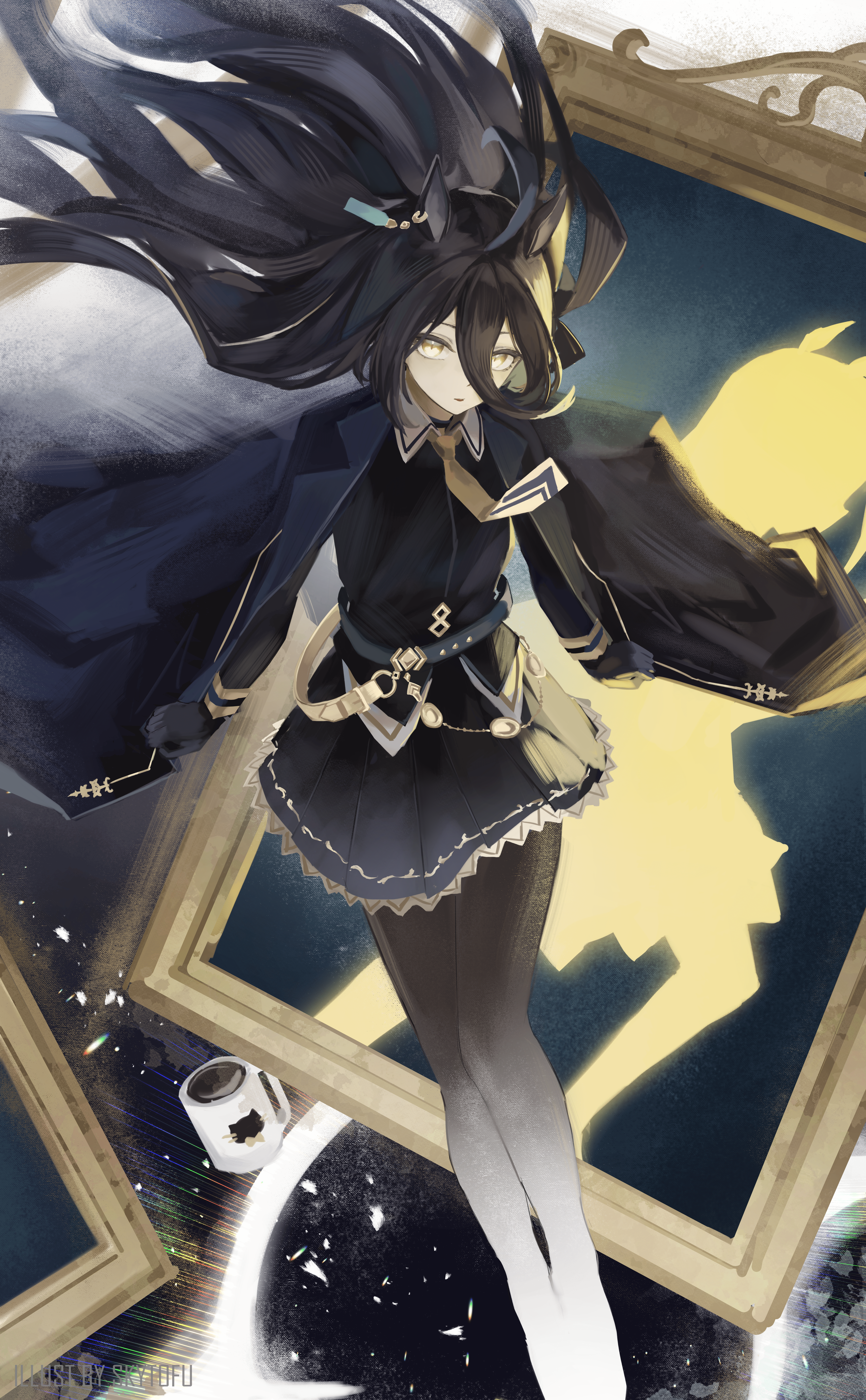 skytofu, manhattan cafe (umamusume), umamusume, absurdres, commentary, english commentary, highres, revision, 1girl, ahoge, black coat, black gloves, black hair, black pantyhose, black skirt, coat, coffee mug, cup, ear tag, gloves, hair between eyes, horse girl, long hair between eyes, looking at viewer, mug, pantyhose, picture frame, skirt, solo, yellow eyes