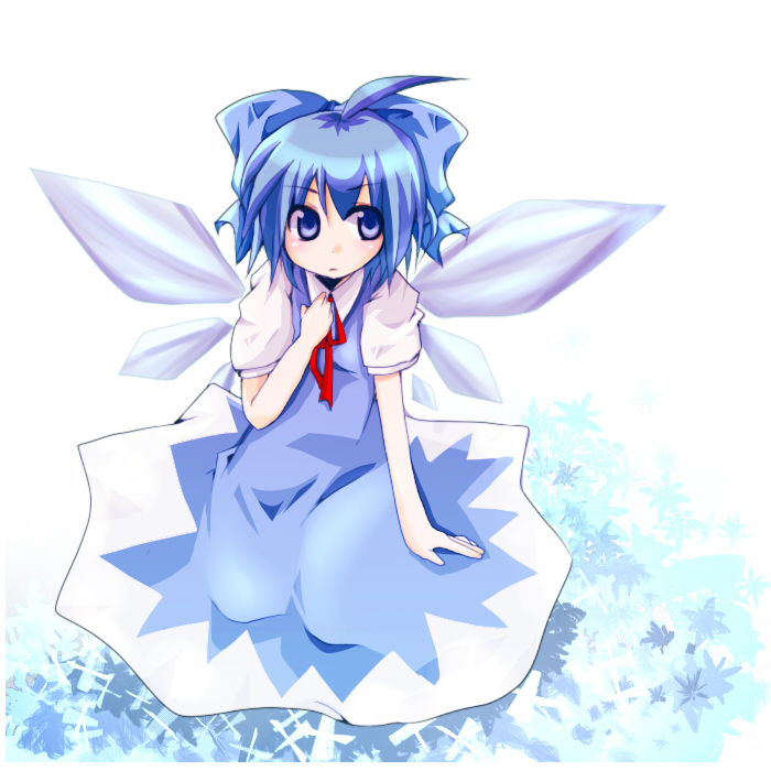 metaru maccha, cirno, embodiment of scarlet devil, touhou, duplicate, 1girl, blue eyes, blue hair, dress, female focus, full body, gradient background, matching hair/eyes, solo, white background, wings