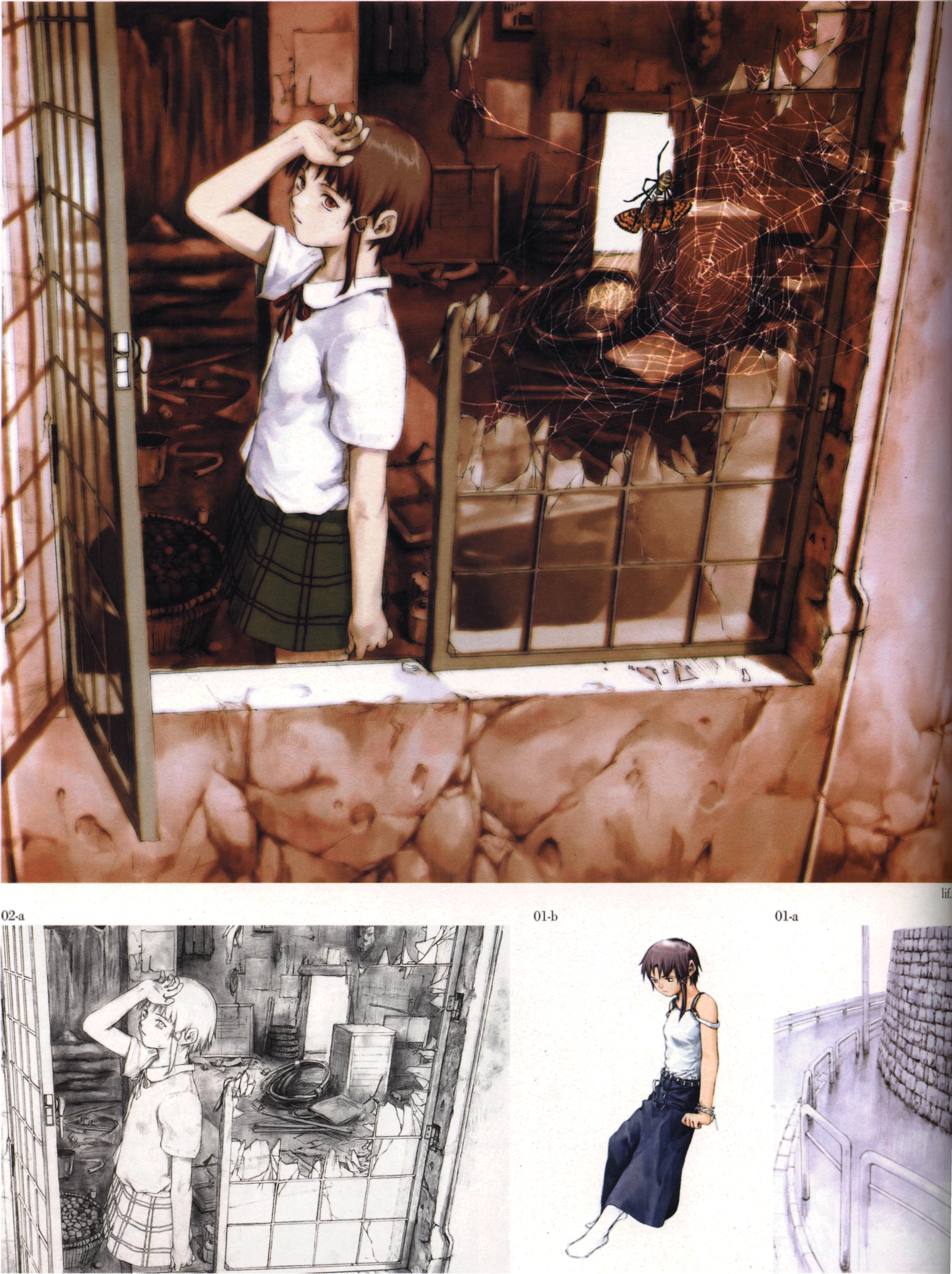 abe yoshitoshi, iwakura lain, serial experiments lain, absurdres, highres, official art, scan, 1990s (style), 1girl, brown eyes, brown hair, bug, butterfly, female focus, hair ornament, hairclip, indoors, multiple girls, school uniform, silk, sitting, spider, spider web, standing, sweat, window