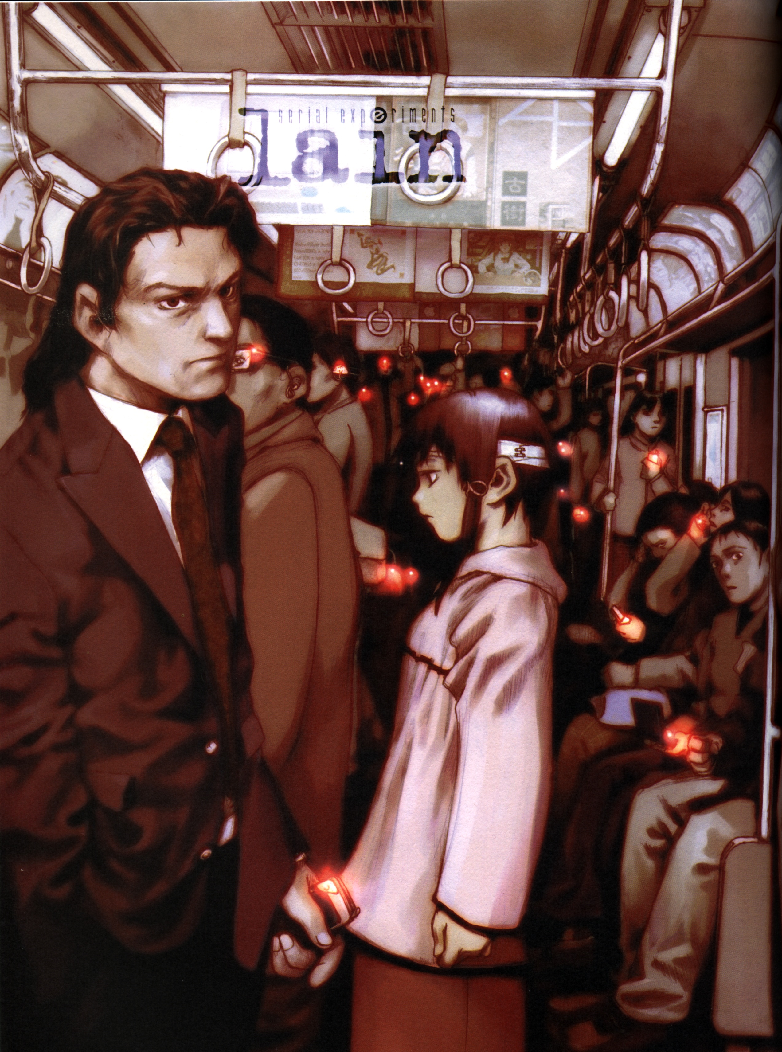 abe yoshitoshi, iwakura lain, serial experiments lain, absurdres, highres, official art, scan, 1990s (style), 6+boys, 6+girls, brown theme, copyright name, cowboy shot, english text, glowing, hair ornament, hairclip, hand grip, holding, holding lighter, jacket, lighter, multiple boys, multiple girls, retro artstyle, standing, suit jacket, train, train interior, vanishing point