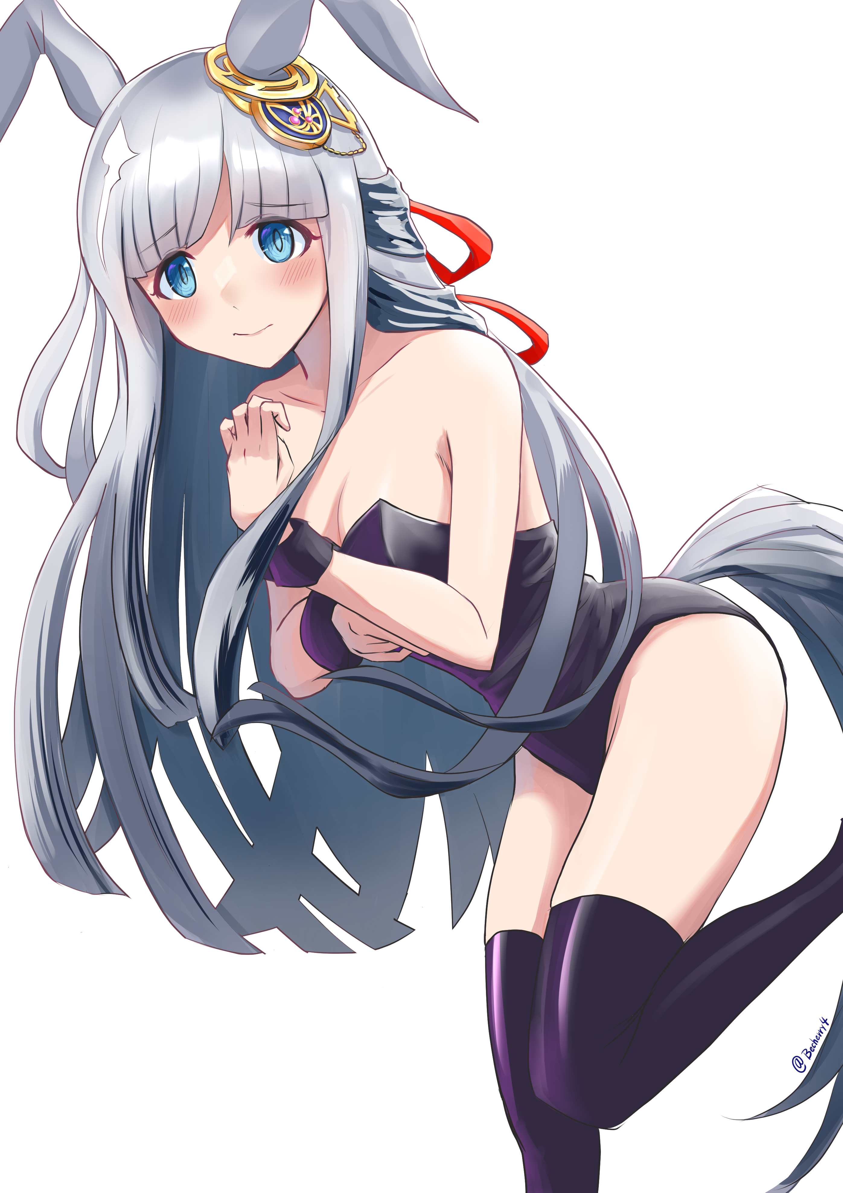 becherry, chrono genesis (umamusume), umamusume, absurdres, commentary request, highres, 1girl, alternate costume, animal ears, blue eyes, blunt bangs, blush, breasts, cleavage, closed mouth, collarbone, grey hair, hair between eyes, hair ornament, horse ears, horse girl, leotard, looking at viewer, playboy bunny, simple background, small breasts, solo, standing, standing on one leg, thighhighs, white background