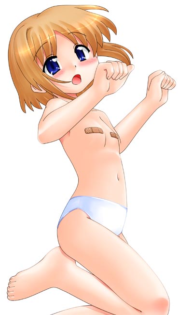 hase yu, waha, yamato suzuran, suigetsu, 1girl, bandaid, bandaids on nipples, barefoot, blue eyes, blush, feet, female focus, flat chest, flower, lily of the valley, loli, panties, pasties, short hair, solo, topless female, underwear, underwear only, white panties