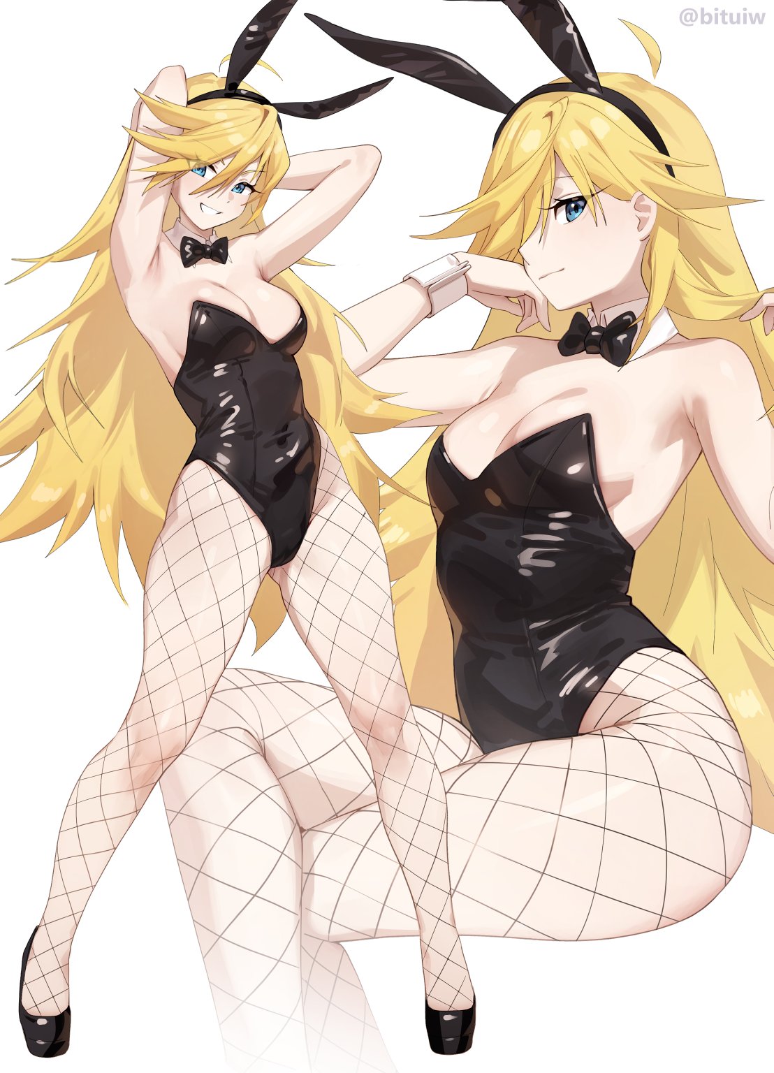 iwbitu, panty (psg), panty & stocking with garterbelt, commentary, english commentary, highres, 1girl, ahoge, animal ear hairband, animal ears, armpits, arms behind head, arms up, artist name, bare arms, bare shoulders, black bow, black bowtie, black hairband, black leotard, black shoes, blonde hair, bow, bowtie, breasts, crossed legs, detached collar, fake animal ears, fishnet pantyhose, fishnets, hairband, legs apart, leotard, long hair, medium breasts, multiple views, pantyhose, playboy bunny, shoes, simple background, sitting, standing, strapless, strapless leotard, twitter username, very long hair, white background