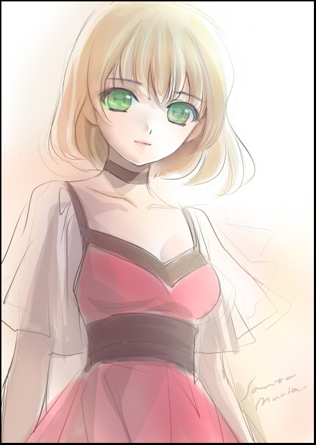 santa matsuri, original, bad id, bad pixiv id, 1girl, blonde hair, bob cut, border, choker, collarbone, dress, female focus, green eyes, light smile, lips, red dress, short hair, signature, sketch, solo
