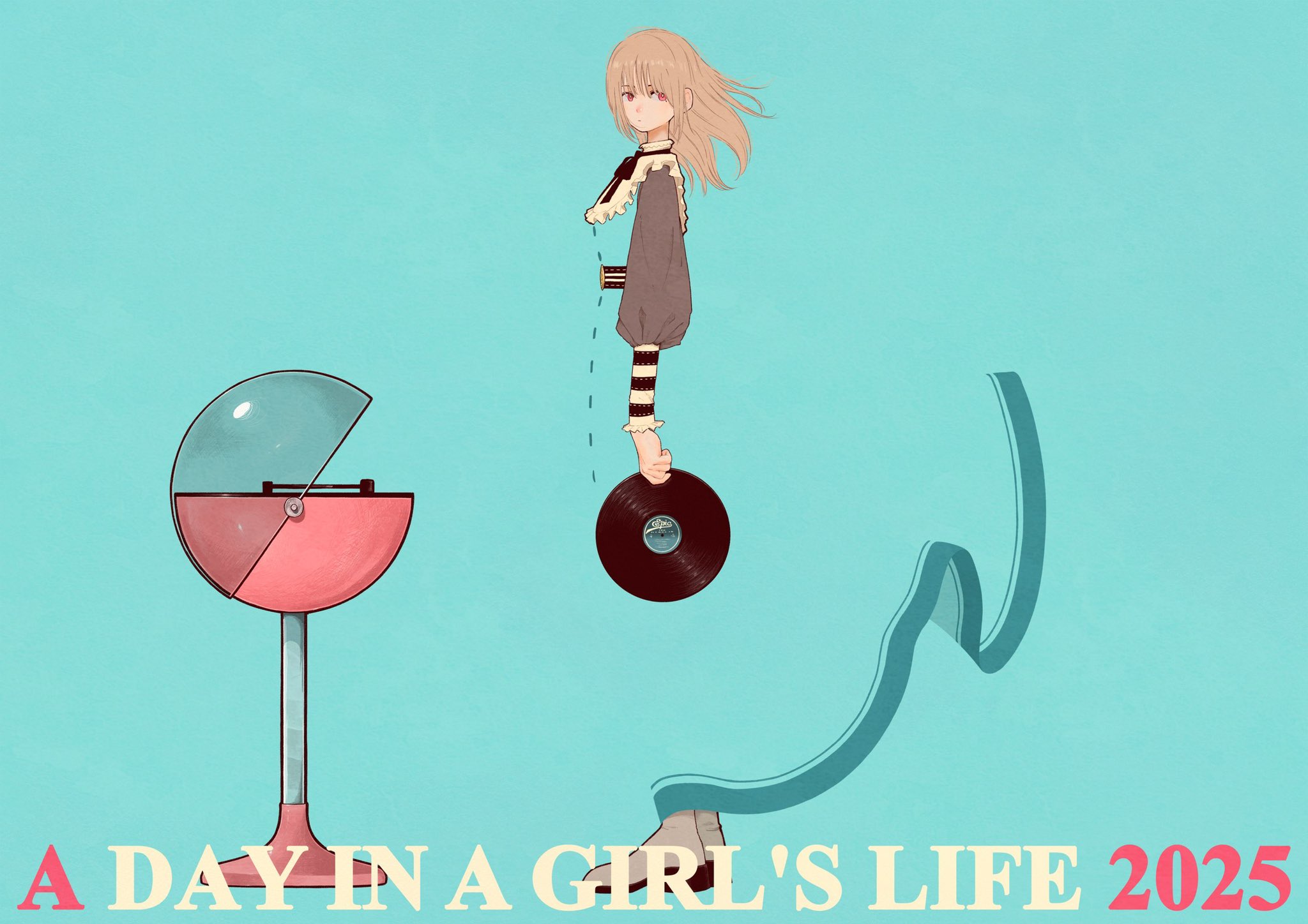 syooooyoooo, original, highres, 1girl, aqua background, aqua dress, blending, brown hair, dated, dress, english text, frills, from side, grey shoes, holding record, long hair, long sleeves, phonograph, pink eyes, shoes, simple background, solo, standing, vinyl record, wide shot