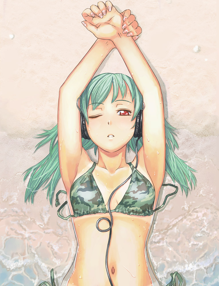 itou (onsoku tassha), 1girl, armpits, bikini, camouflage, camouflage bikini, female focus, green bikini, green hair, headphones, navel, ocean, one eye closed, red eyes, sand, side-tie bikini bottom, solo, swimsuit, wink