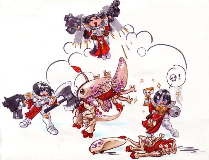 adepta sororitas, sisters of battle, tyranids, warhammer 40k, 1girl, :3, armor, axe, blue eyes, chibi, gun, jetpack, weapon
