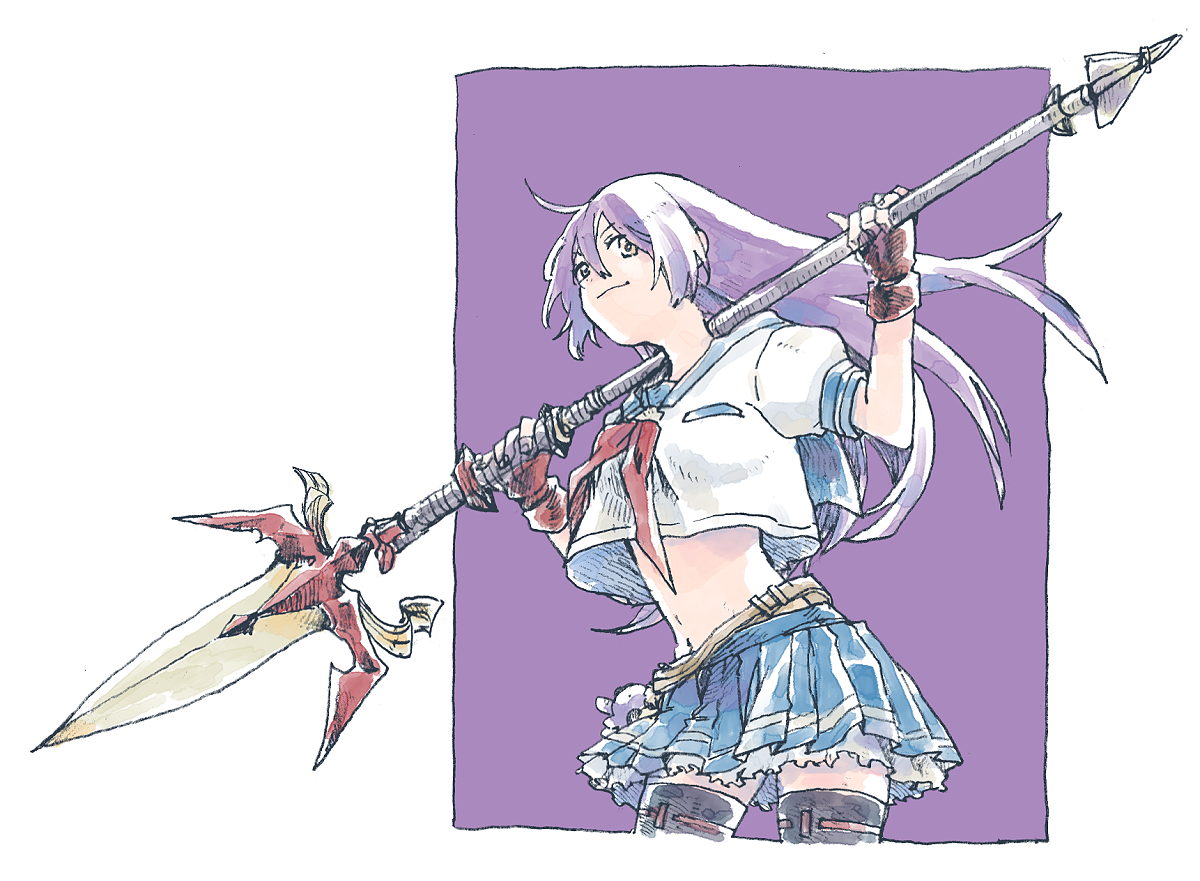 michibata 65, foran (another eden), another eden, commentary request, 1girl, ahoge, arched back, belt, black thighhighs, blue sailor collar, blue skirt, breast pocket, breasts, closed mouth, cowboy shot, crop top, crop top overhang, cropped shirt, double-parted bangs, fingerless gloves, floating hair, gloves, hair between eyes, hands up, hatching (texture), holding, holding behind neck, holding polearm, holding weapon, linear hatching, long hair, looking at viewer, looking to the side, medium breasts, midriff, miniskirt, navel, neckerchief, pleated skirt, pocket, polearm, purple background, purple hair, red gloves, red neckerchief, sailor collar, school uniform, serafuku, shirt, short sleeves, sideways glance, simple background, skirt, smile, solo, spear, standing, thighhighs, two-tone background, v-shaped eyebrows, weapon, weapon across shoulders, white background, white shirt, yellow belt, yellow eyes, zettai ryouiki