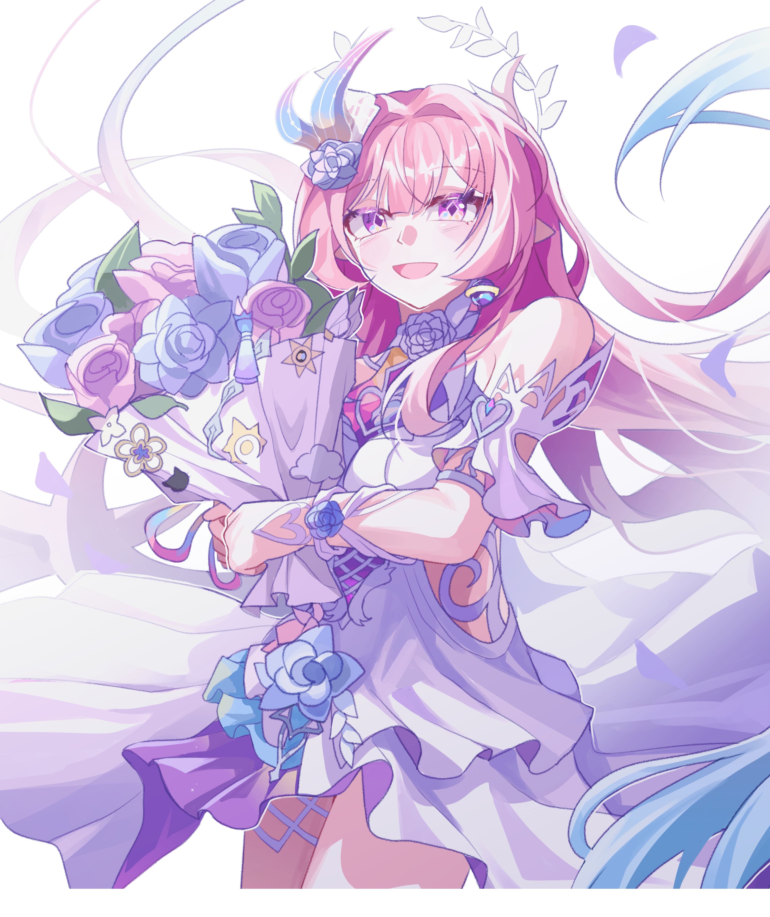 cyrene (honkai: star rail), cyrene (ripples of past reverie) (honkai: star rail), honkai: star rail, honkai (series), absurdres, commentary request, highres, korean commentary, 1girl, bare shoulders, bouquet, breasts, cowboy shot, detached sleeves, dress, flower, hair flower, hair ornament, halo, holding, holding bouquet, large breasts, long hair, open mouth, pink hair, pointy ears, purple eyes, s9897907160915, simple background, smile, solo, thighs, very long hair, white background, white dress