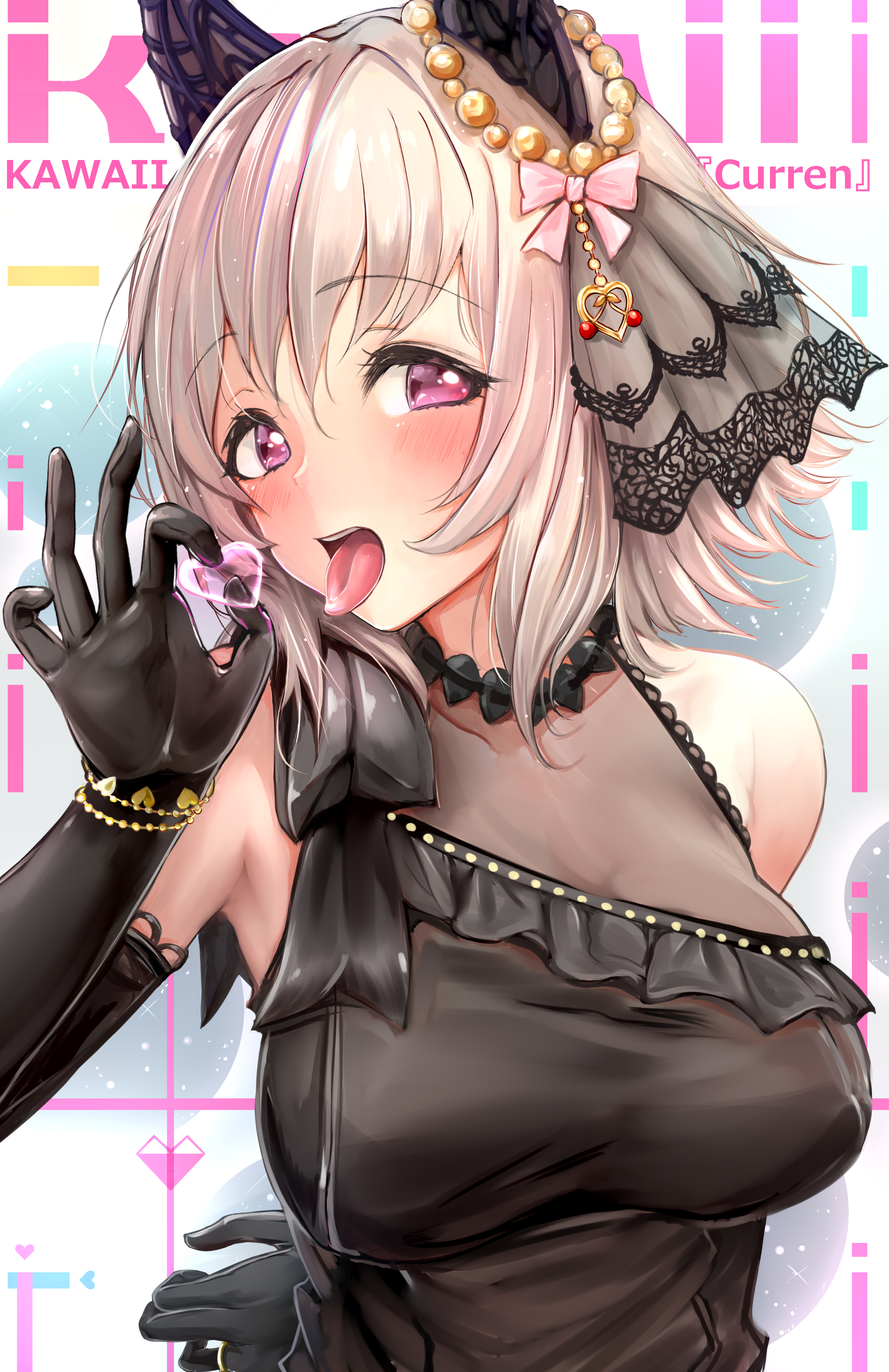 kokoa ninniku, curren chan (sakutsuki ma cherie) (umamusume), curren chan (umamusume), umamusume, absurdres, commentary request, highres, revision, 1girl, animal ears, arm behind back, bangle, beads, black choker, black dress, black gloves, blush, bow, bracelet, breasts, choker, cleavage, cover, dress, ear bow, ear ornament, elbow gloves, fellatio gesture, gloves, grey hair, hair ornament, headdress, heart, heart hair ornament, horse ears, horse girl, jewelry, large breasts, looking at viewer, magazine cover, medium breasts, official alternate costume, open mouth, pink bow, ring, see-through cleavage, see-through clothes, short hair, sidelocks, simple background, solo, tongue, tongue out, upper body, white background
