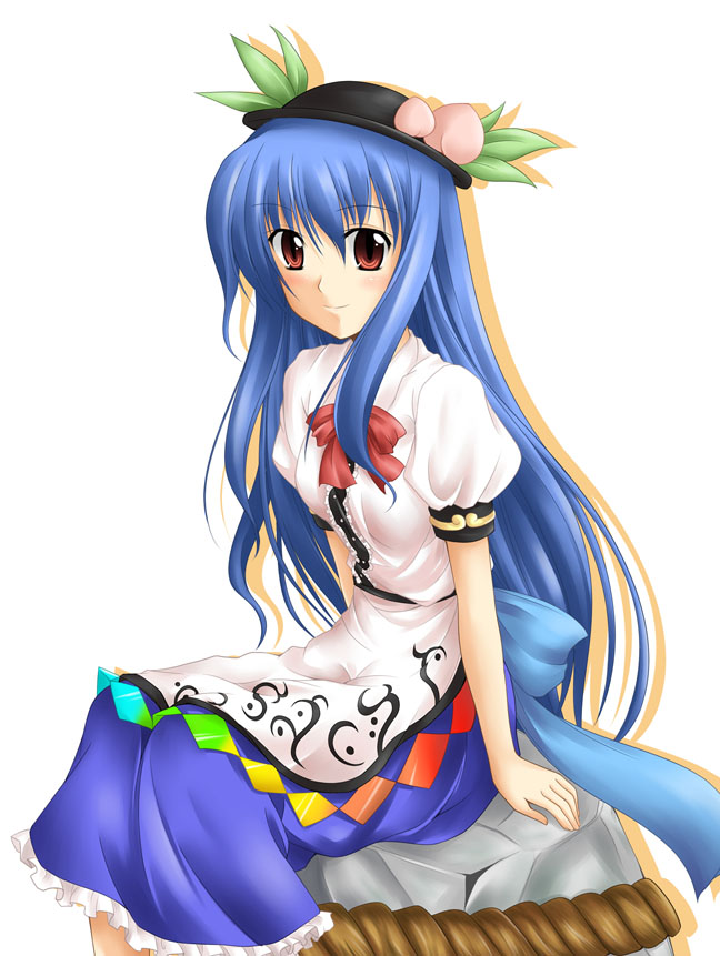 kirisaki byakko, hinanawi tenshi, touhou, 1girl, blue hair, female focus, food, fruit, hat, kaname-ishi, leaf, long hair, peach, ribbon, rope, seafox, shimenawa, simple background, sitting, solo, white background
