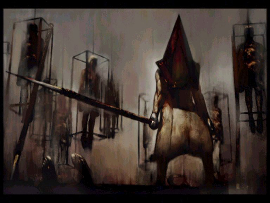 ito masahiro, pyramid head, silent hill, silent hill (series), silent hill 2, official art, 1boy, executioner, monster, monster boy, no humans, polearm, spear, weapon