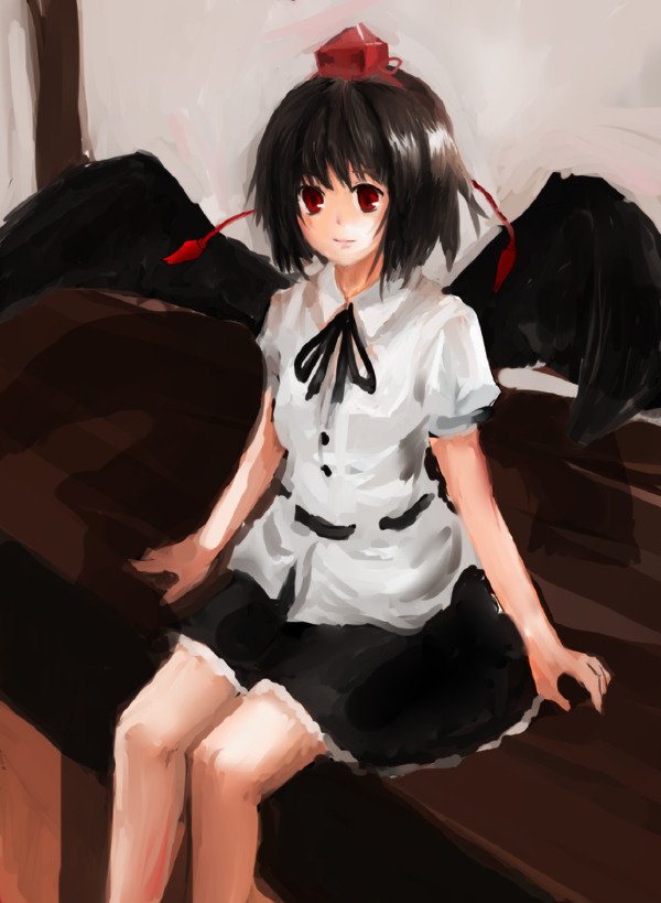 sleetyweather, ten yuki, shameimaru aya, touhou, bad id, bad pixiv id, 1girl, black hair, black wings, female focus, hat, looking at viewer, red eyes, ribbon, short hair, sitting, skirt, solo, wings