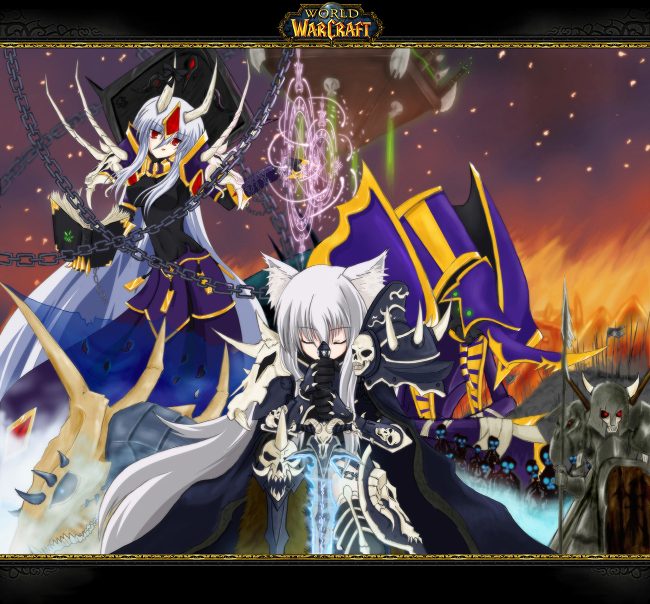auer, anub'arak, arthas menethil, crypt lord, death knight, inubashiri momiji, kamishirasawa keine, kel'thuzad, touhou, warcraft, world of warcraft, bad id, bad pixiv id, highres, 2girls, arthas menethil (cosplay), blue hair, chain, cosplay, death knight (cosplay), female focus, frostmourne, horns, kel'thuzad (cosplay), lich, lich (cosplay), long hair, multiple girls, parody, sword, undead, weapon, white hair