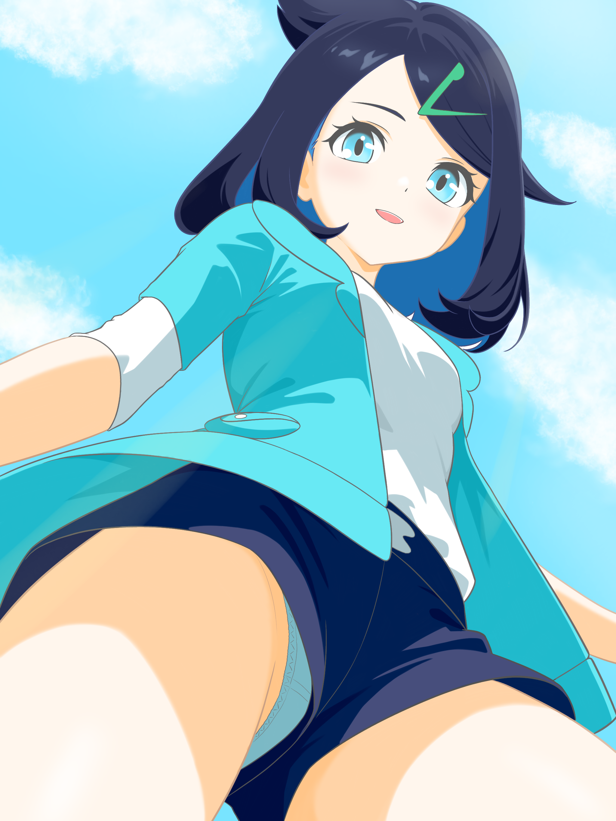 majikichi915, liko (pokemon), nintendo, pokemon, pokemon (anime), pokemon horizons, absurdres, highres, 1girl, :d, black hair, black shorts, blue eyes, blue hair, blue jacket, blue panties, blue sky, cloud, colored inner hair, eyelashes, from below, hair ornament, hairclip, jacket, looking at viewer, multicolored hair, open clothes, open jacket, open mouth, panties, pantyshot, shirt, short hair, short shorts, shorts, sky, smile, solo, teeth, three-quarter sleeves, two-tone hair, underwear, upper teeth only, white shirt