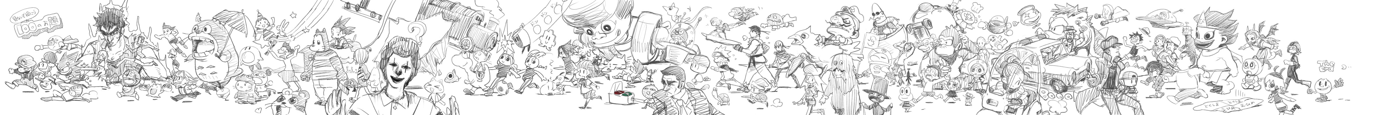ikeda keisuke, anpanman (character), arle nadja, arsene lupin iii, atom (tetsuwan atom), baikinman, batako (anpanman), bowser, bulma, carbuncle (puyopuyo), chocobo, currypanman, dokin-chan, donkey kong, doraemon (character), dorami, dr. wily (mega man), draco centauros, duke tougou, edogawa conan, flying nimbus, fuguta sazae, gachapin, goomba, gouda takeshi, hasunoue keroppi, honekawa suneo, impact (ganbare goemon), inoue toro, jam ojisan, jiji (majo no takkyuubin), kenshiro, keroppi, kirby, kitarou, koopa clown car, korosuke, kuujou joutarou, link, luigi, mario, medama oyaji, mega man (character), mehve, mew (pokemon), monkey d. luffy, moomintroll, mukku, mumintrollet, nausicaa, ness (mother 2), nobi nobita, norimaki arale, pac-man, pikachu, princess peach, princess zelda, roll (mega man), ryu (street fighter), sakura momoko, shokupanman, slime (dragon quest), snoopy, son goku, sonic the hedgehog, totoro, uchiha sasuke, uzumaki naruto, wally (where's wally), wario, yagami light, yoshi, zenigata kouichi, anpanman, bomberman, capcom, chibi maruko-chan, death note, donkey kong (series), doraemon, dr. slump, dragon ball, dragon quest, final fantasy, ganbare goemon, gegege no kitarou, golgo 13, hamtaro (series), hello kitty, hirake! ponkikki, hokuto no ken, jojo no kimyou na bouken, kaze no tani no nausicaa, kero kero keroppi, kirby (series), kiteretsu daihyakka, kodansha, konjiki no gash!!, lupin iii, madou monogatari, majo no takkyuubin, mario (series), mcdonald's, mega man (classic), mega man (series), mega man legends (series), mega man x (series), meitantei conan, moomin, mother (series), mother 2, namco, naruto (classic), naruto (series), nintendo, one piece, pac-man (game), peanuts (comic), pikmin (series), pokemon, puyopuyo, sanrio, sazae-san, sega, shounen jump, sonic (series), street fighter, street fighter i, studio ghibli, super mario bros. 1, super mario world, tetsuwan atom, the legend of zelda, thomas the tank engine (series), toei company, tonari no totoro, where's wally, 1980s (style), absurdres, annotation request, commentary request, highres, long image, traditional media, wide image, 00s, 6+boys, 6+girls, absolutely everyone, beagle, black cat, car, cat, child, crossover, egg, everyone, gen 1 pokemon, greyscale, legendary pokemon, monochrome, motor vehicle, multiple boys, multiple girls, mythical pokemon, oldschool, pikmin (creature), pokemon (creature), police, retro artstyle, slime (substance), ufo, yoshi egg