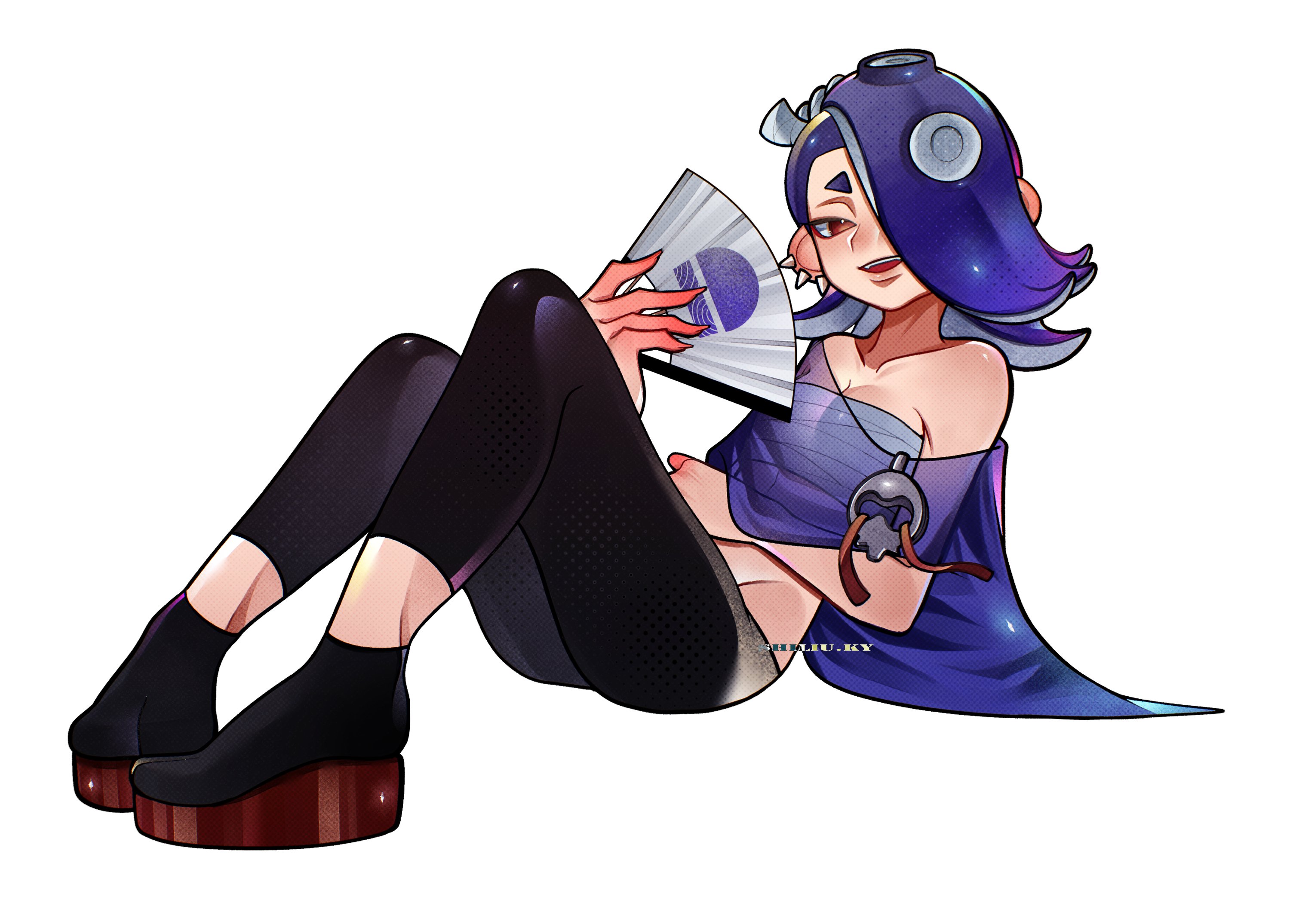 shiver (splatoon), nintendo, splatoon (series), splatoon 3, highres, 1girl, artist name, bare shoulders, black pants, black socks, blue hair, blue shawl, brown shoes, chest sarashi, earrings, full body, hair over one eye, hand fan, hokkamuri, holding, holding fan, jewelry, knees up, midriff, multiple earrings, pants, paper fan, red eyes, sarashi, see-through clothes, shawl, shiliu ky, shoes, simple background, socks, solo, suction cups, tentacle hair, tooth earrings, white background
