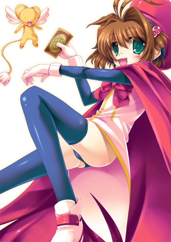 ichijou hitoshi, clow card, kero (cardcaptor sakura), kinomoto sakura, kinomoto sakura (shadowy night), cardcaptor sakura, bad id, bad pixiv id, 1990s (style), 1girl, ass, black gloves, black thighhighs, blush, brown hair, cape, card, crazy eyes, elbow gloves, female focus, gloves, green eyes, hat, holding, holding card, open mouth, panties, pantyshot, red hat, retro artstyle, short hair, solo, thighhighs, tongue, underwear, white gloves