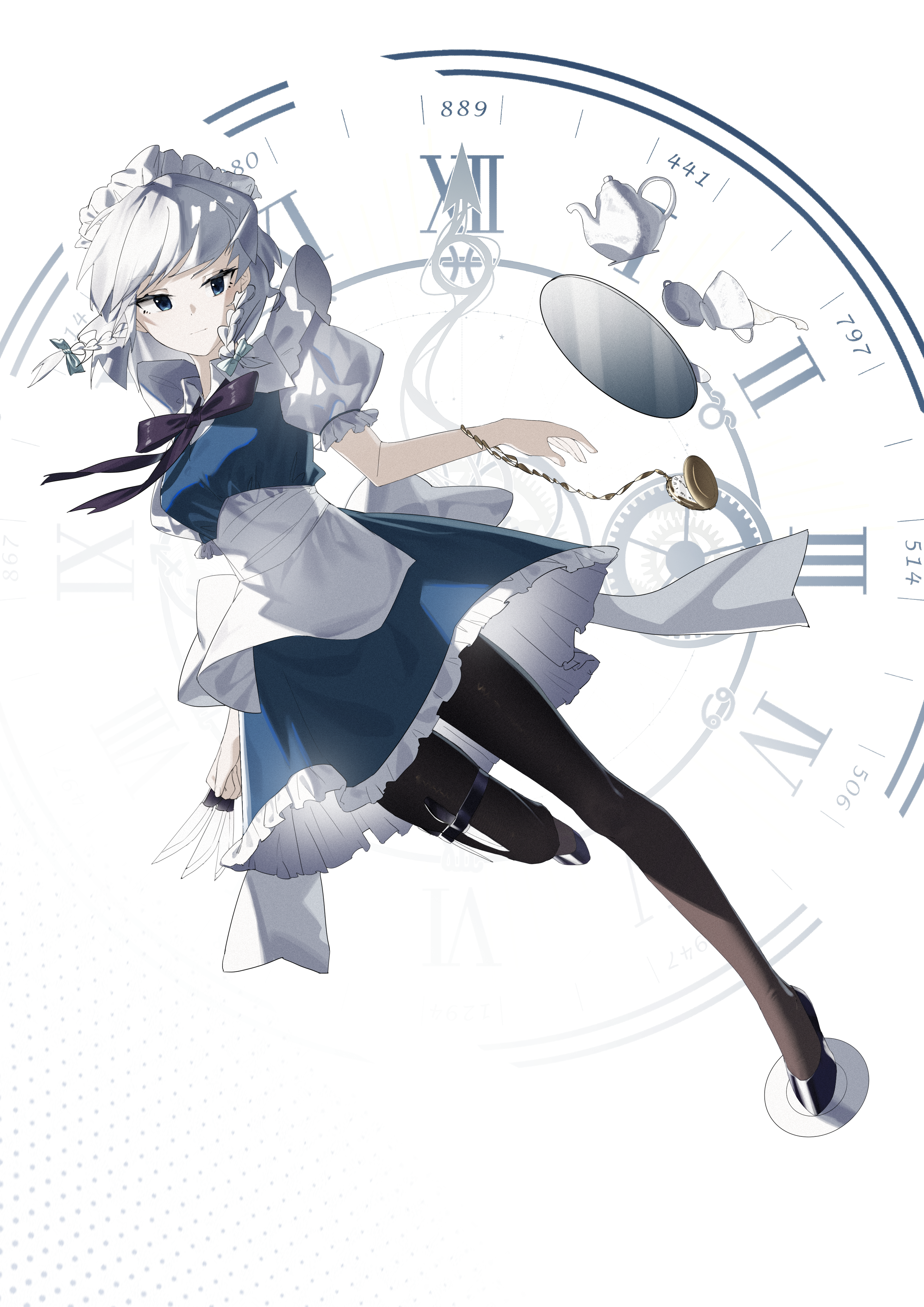 awmin, izayoi sakuya, touhou, absurdres, commentary, english commentary, highres, 1girl, apron, back bow, between fingers, black bow, black bowtie, black pantyhose, black shoes, blue eyes, blue skirt, blue vest, bow, bowtie, braid, collared shirt, cup, dial, expressionless, falling, full body, gears, green bow, grey hair, hair bow, holding, holding knife, knife, knives between fingers, maid, maid apron, maid headdress, medium hair, pantyhose, pocket watch, saucer, shirt, shoes, skirt, solo, teacup, teapot, thigh strap, tray, twin braids, vest, watch, white background, white bow, white shirt