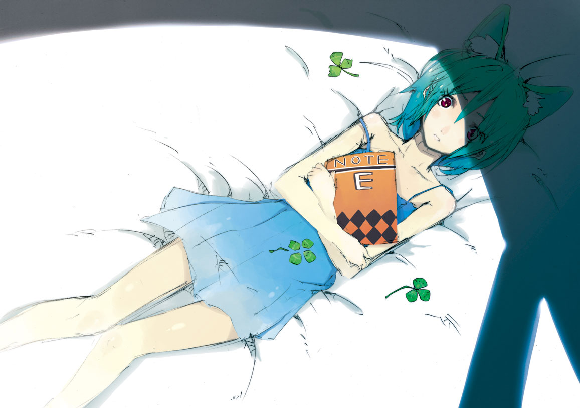 hrd, bad id, bad pixiv id, 1girl, animal ears, bed, book, clover, dress, female focus, four-leaf clover, from above, looking up, lying, multicolored hair, red eyes, short hair, solo, strap slip, two-tone hair