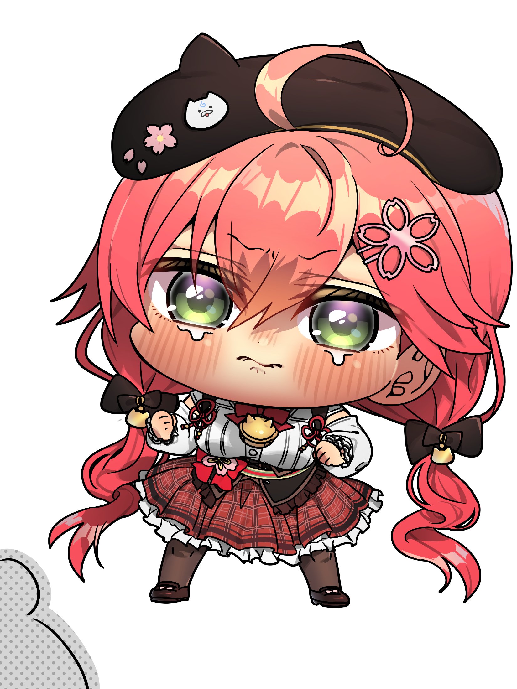 harumina mau, sakura miko, sakura miko (casual), hololive, commentary, hashtag-only commentary, highres, 1girl, ahoge, blush, bow, bowtie, braid, brown hat, brown pantyhose, brown shoes, chibi, chibi only, closed mouth, detached sleeves, frilled skirt, frills, full body, green eyes, hair between eyes, hat, long hair, long sleeves, official alternate costume, pantyhose, pink hair, plaid clothes, plaid skirt, pleated skirt, red bow, red bowtie, red skirt, shirt, shoes, short sleeves, simple background, skirt, solo, standing, tears, twin braids, virtual youtuber, white background, white shirt, white sleeves