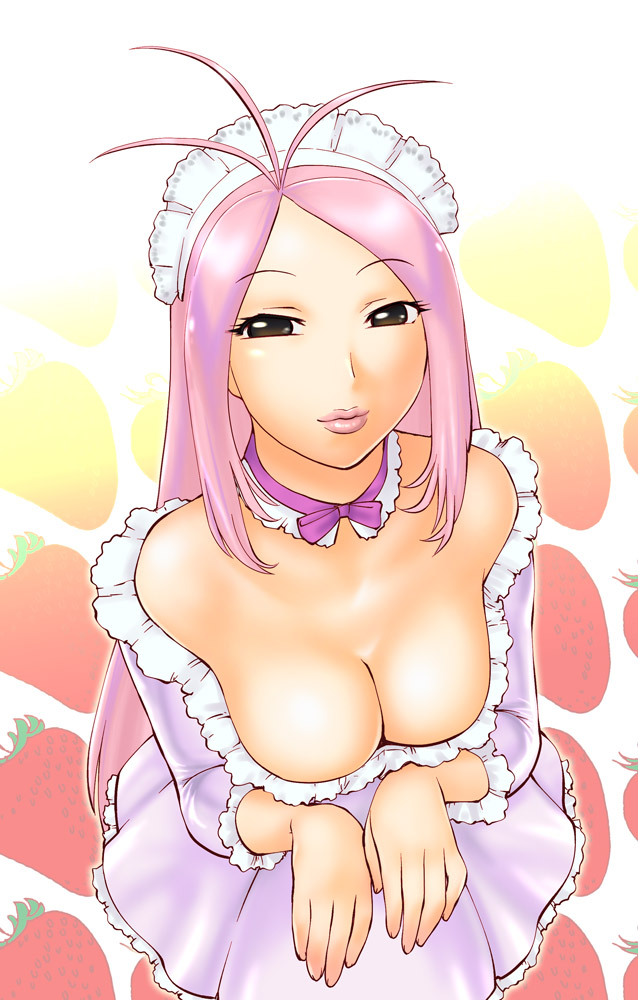 ueyama michirou, obake no q-tarou, 1girl, ahoge, black eyes, breasts, cleavage, downblouse, dress, female focus, large breasts, long hair, pink hair, solo