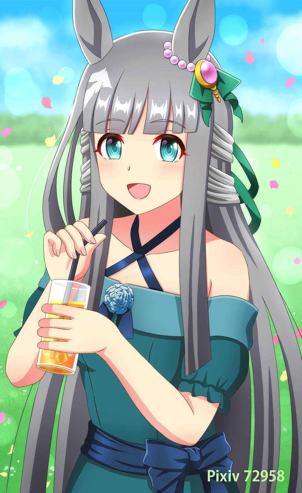 kasumi uzuki, chrono genesis (umamusume), umamusume, commentary request, highres, 1girl, alternate costume, blue eyes, blush, breasts, confetti, cup, dress, drinking straw, fingernails, grass, hair between eyes, hair ornament, holding, holding cup, horse girl, looking at viewer, open mouth, sash, sky, small breasts, solo