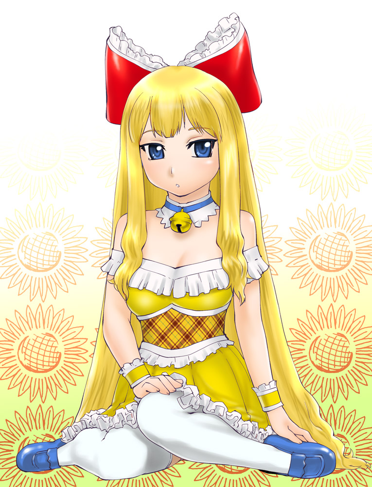 ueyama michirou, dorami, doraemon, hand on thigh, plaid, 1girl, bare shoulders, bell, blonde hair, blue eyes, blush, bow, breasts, cleavage, collar, detached collar, dress, female focus, floral background, flower, frilled dress, frills, full body, gradient background, hair bow, hair ribbon, jingle bell, kneeling, loafers, long hair, looking at viewer, medium breasts, neck bell, parted lips, personification, pleated dress, ribbon, shoes, sidelocks, sitting, solo, sunflower, thighhighs, very long hair, wariza, wavy hair, white thighhighs, wrist cuffs, yellow dress