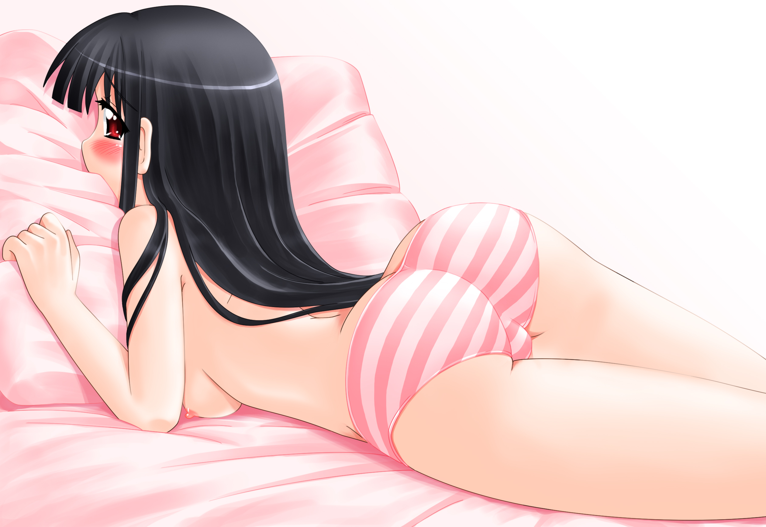 hase yu, makino nanami, suigetsu, highres, non-web source, 1girl, ass, bed, black hair, blush, breasts, face in pillow, female focus, long hair, lying, nipples, on side, panties, pillow, pillow grab, red eyes, solo, striped clothes, striped panties, topless female, trefoil, underwear