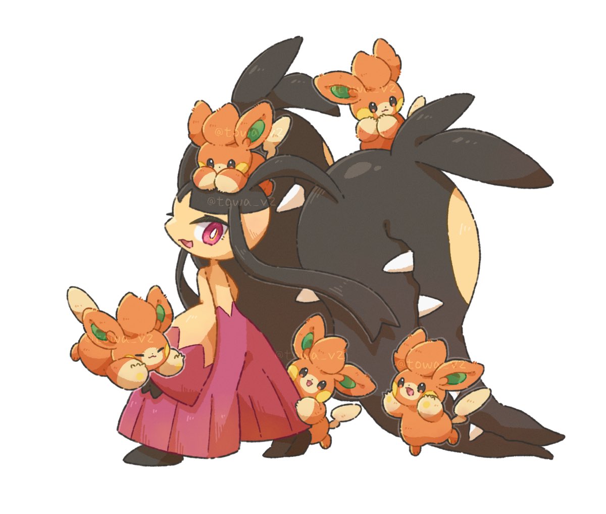 towa (clonea), mawile, mega mawile, pawmi, nintendo, pokemon, :d, black eyes, closed eyes, closed mouth, full body, gen 3 pokemon, looking at viewer, mega pokemon, on head, open mouth, pink eyes, pokemon (creature), pokemon focus, pokemon on head, smile, standing, twintails, twitter username, white background