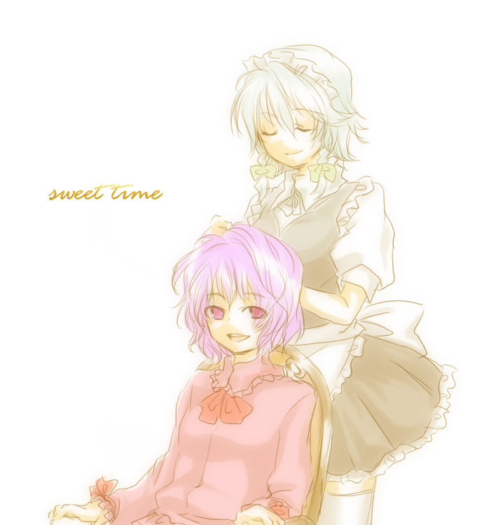 shinosuke (artist), izayoi sakuya, remilia scarlet, touhou, silver hair, white legwear, bad id, bad pixiv id, 2girls, :d, apron, ascot, chair, closed eyes, female focus, looking at viewer, maid, maid apron, maid headdress, multiple girls, open mouth, purple hair, red eyes, red hair, short hair, simple background, sitting, smile, standing, thighhighs, waist apron, white background, zettai ryouiki