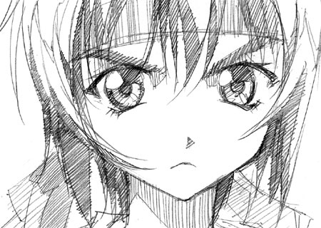 gofu, honoka, honoka (the third), the third, bad id, bad pixiv id, lowres, traditional media, 1girl, female focus, greyscale, monochrome, sketch, solo
